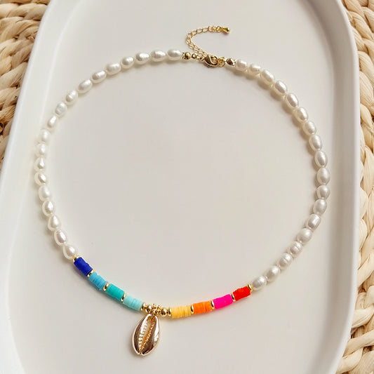 Artistic Colorful Shell Freshwater Pearl soft clay Copper Knitting Necklace